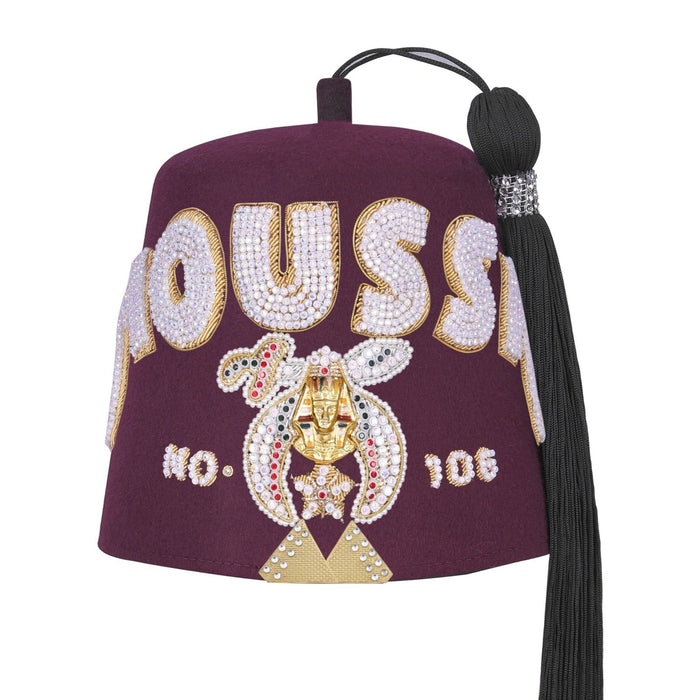 1 Shriners Fez Hat - Burgundy Wool Hat with 5 Row Rhinestones Lettering - Image 1